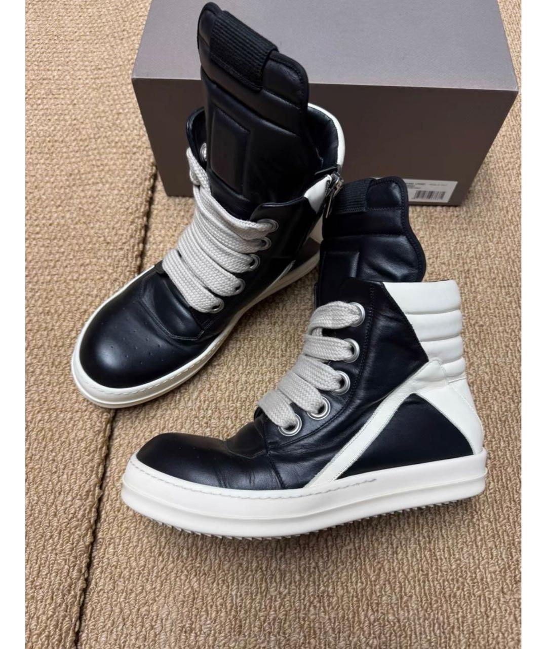 RICK OWENS Черные кожаные высокие кроссовки / кеды, фото 2