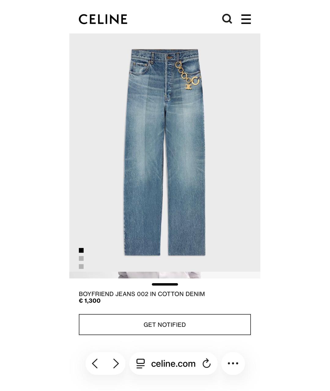 CELINE Голубые хлопковые прямые джинсы, фото 6