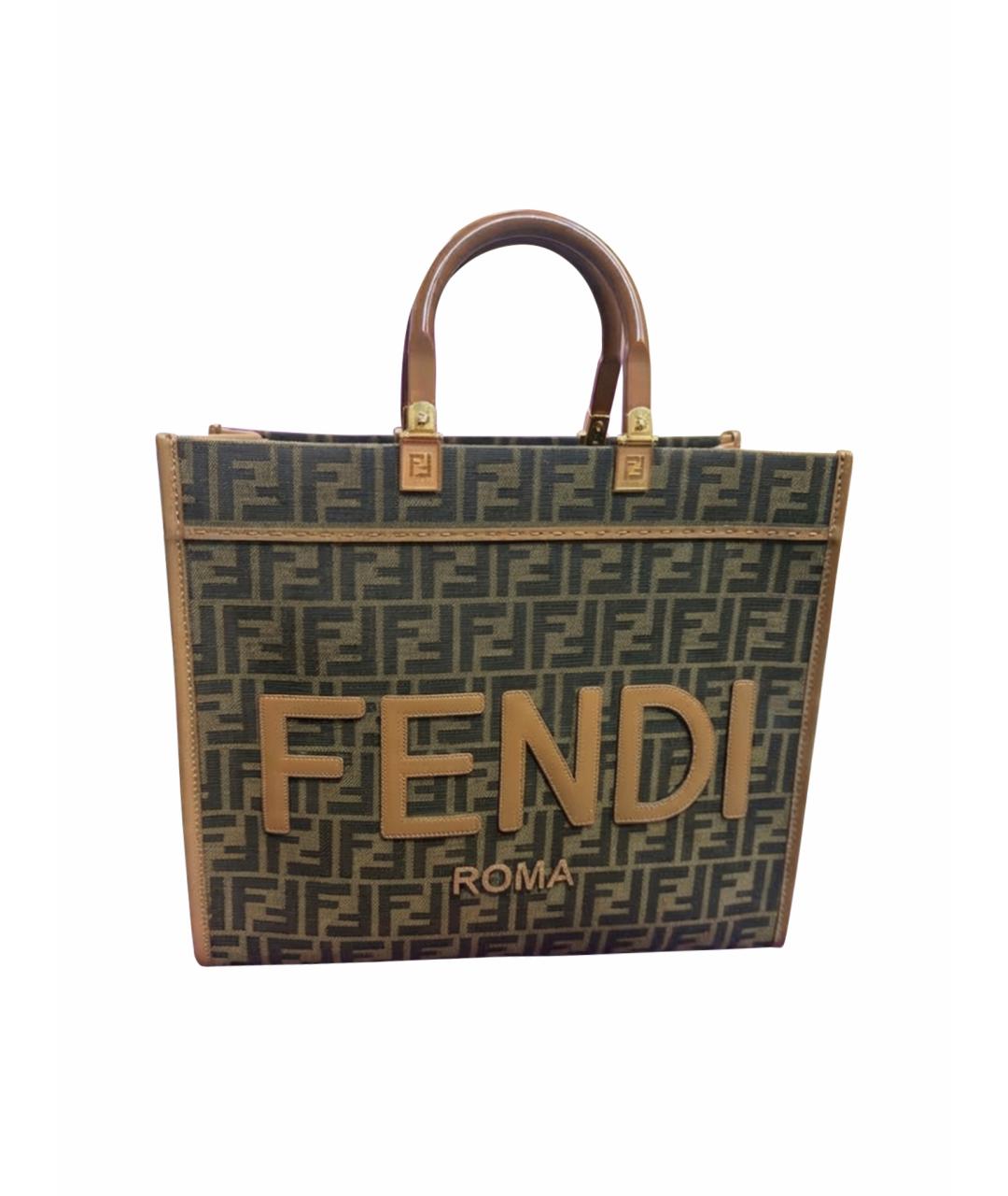 FENDI Коричневая тканевая сумка тоут, фото 1