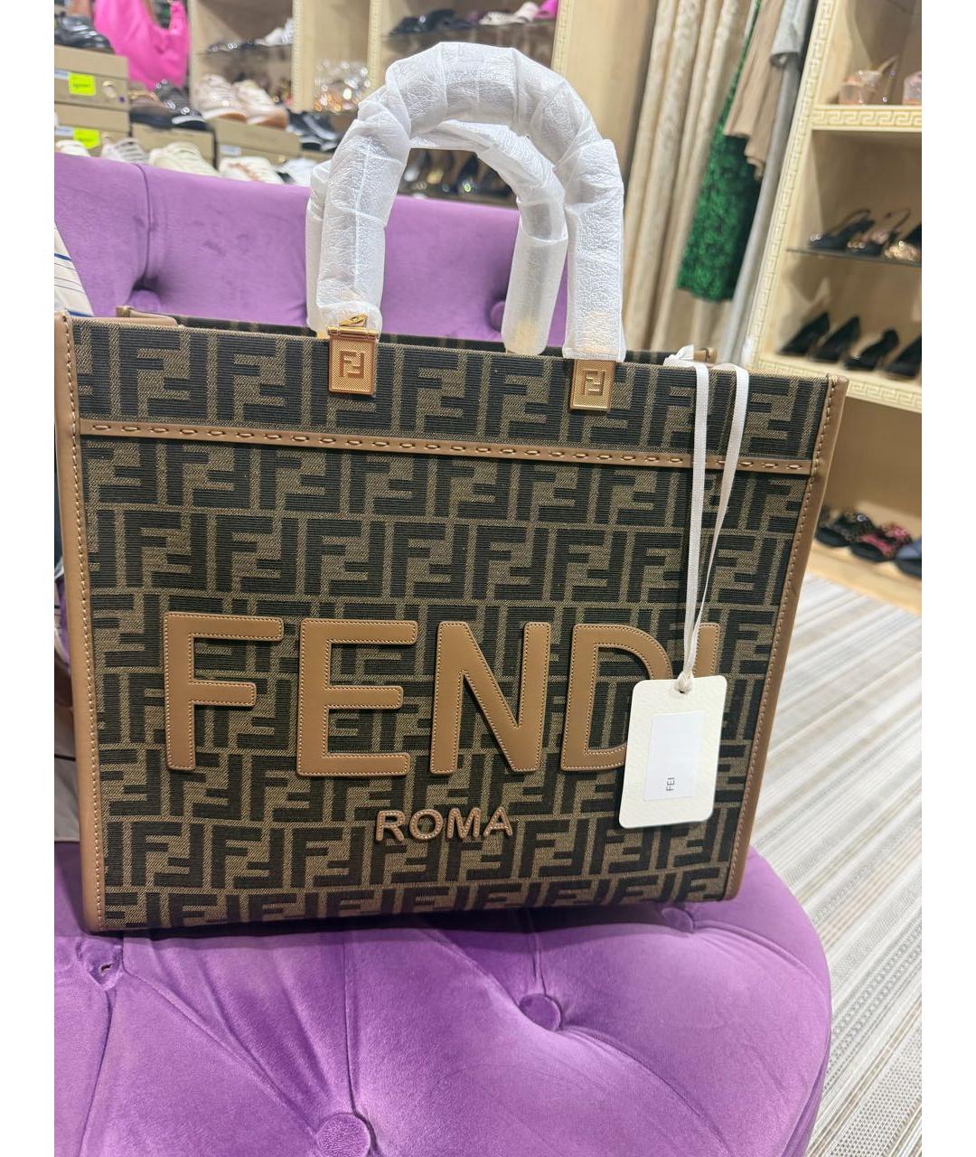 FENDI Коричневая тканевая сумка тоут, фото 3