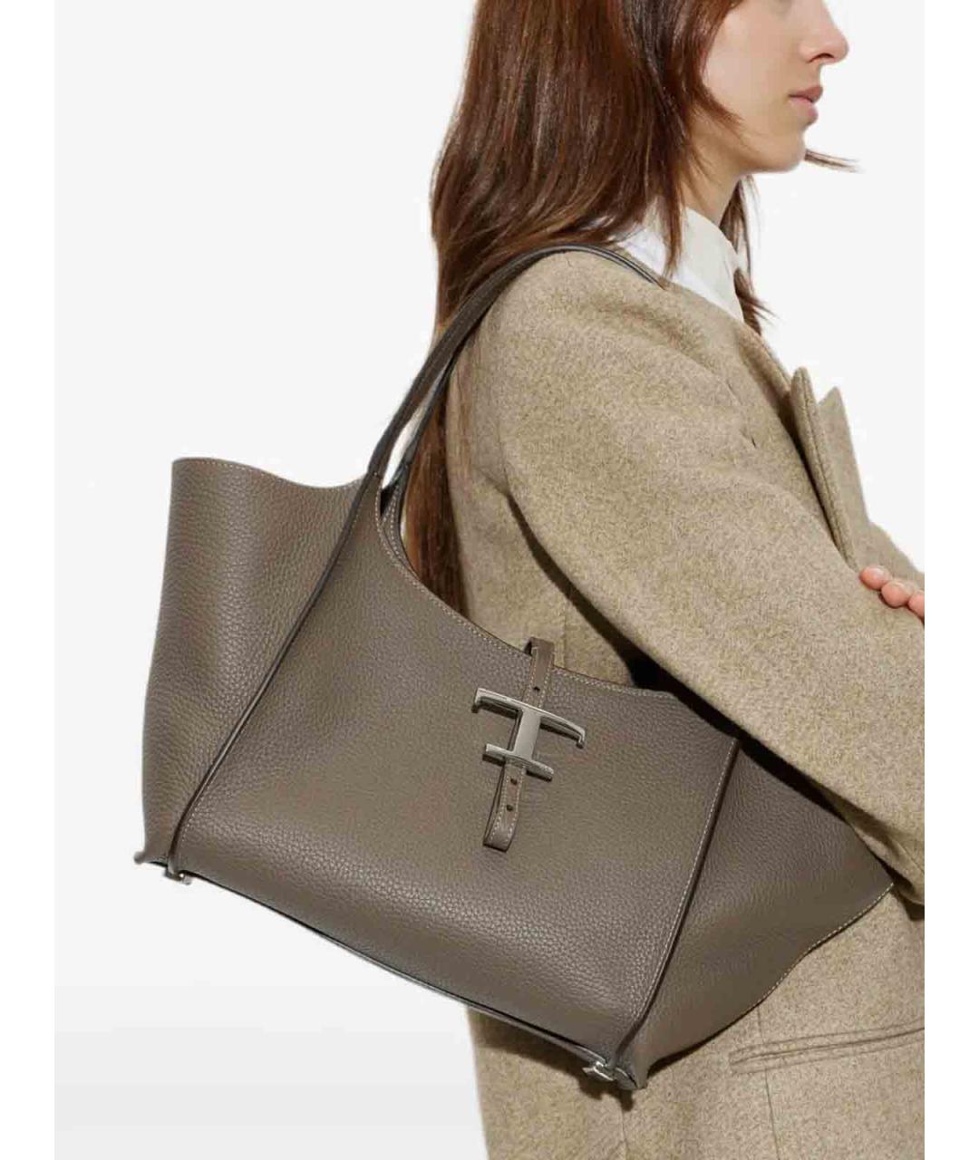 TOD'S Серая кожаная сумка тоут, фото 2