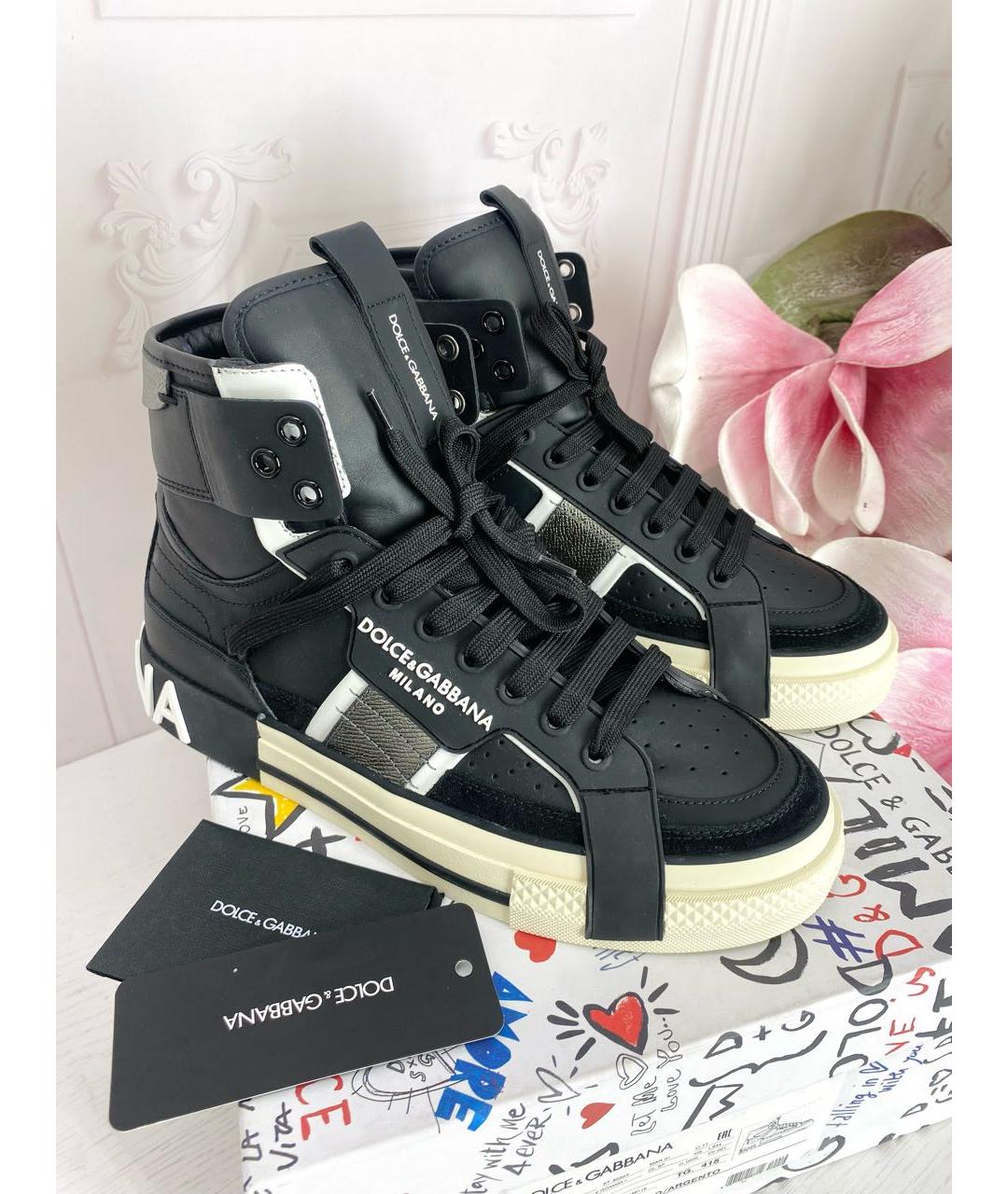 DOLCE&GABBANA Черные кожаные высокие кроссовки / кеды, фото 3