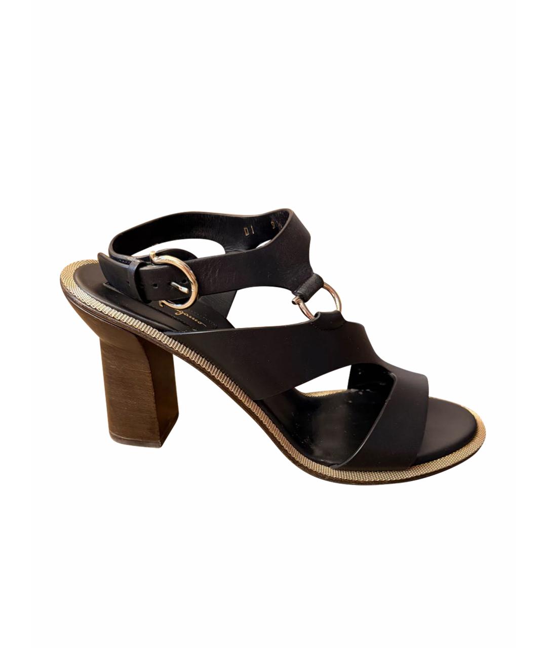 FERRAGAMO Черные кожаные босоножки, фото 1
