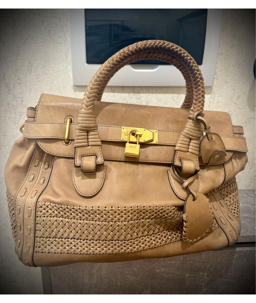 GUCCI Бежевая кожаная сумка с короткими ручками, фото 7