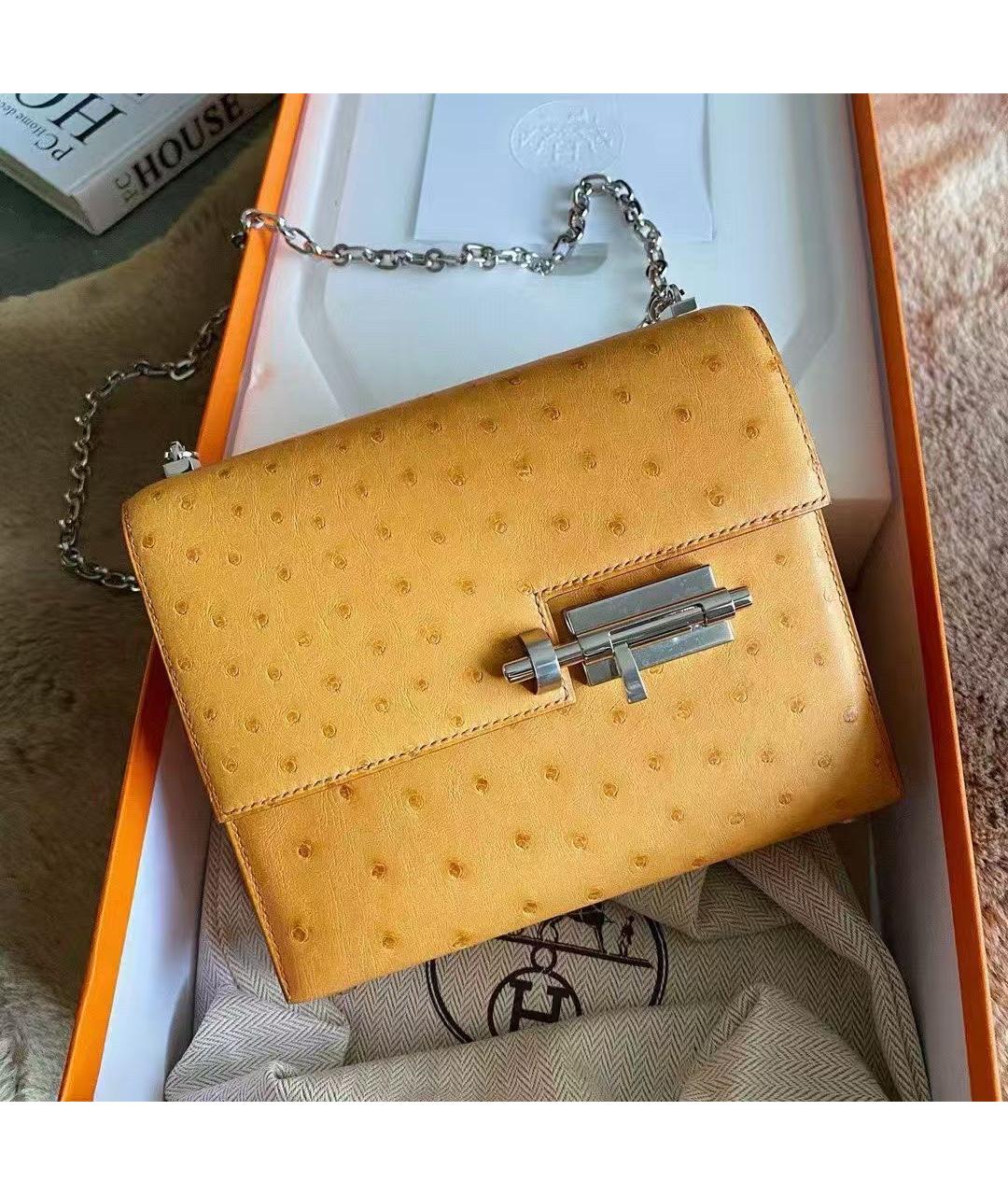 HERMES Желтая сумка через плечо из кожи страуса, фото 3