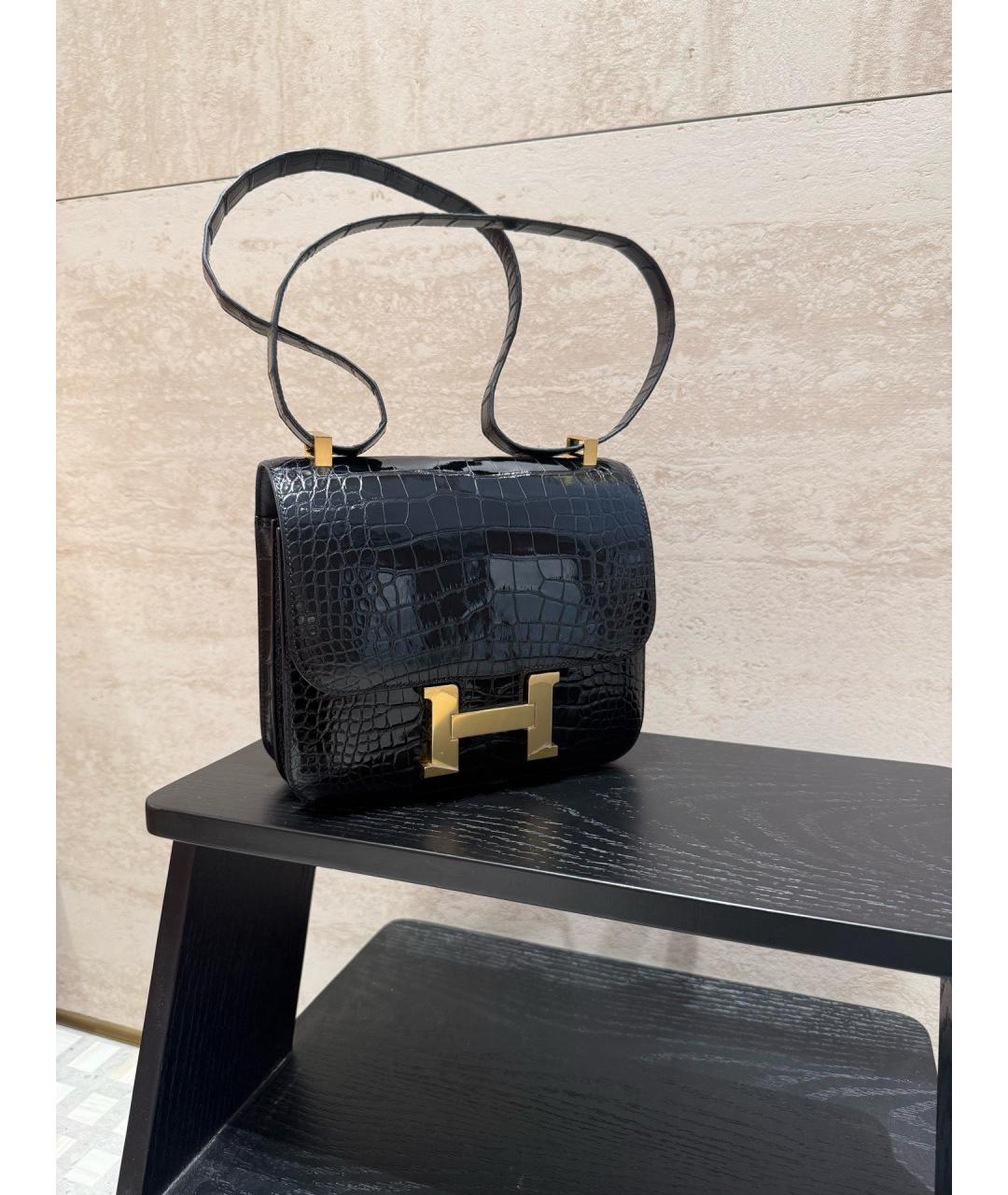 HERMES Черная сумка через плечо из кожи аллигатора, фото 5