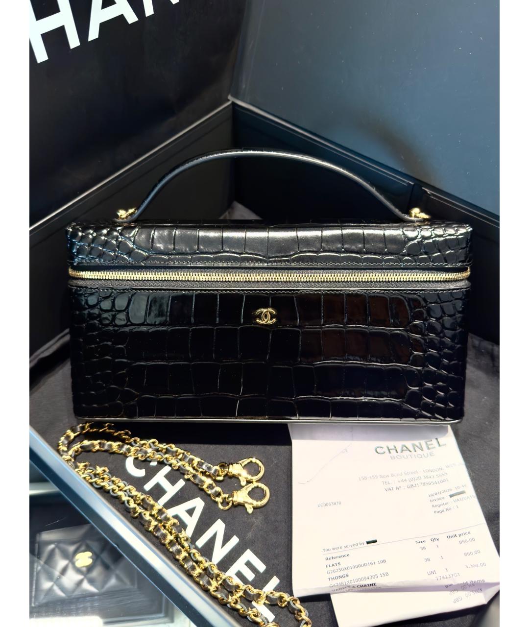 CHANEL Черная сумка с короткими ручками из кожи аллигатора, фото 9
