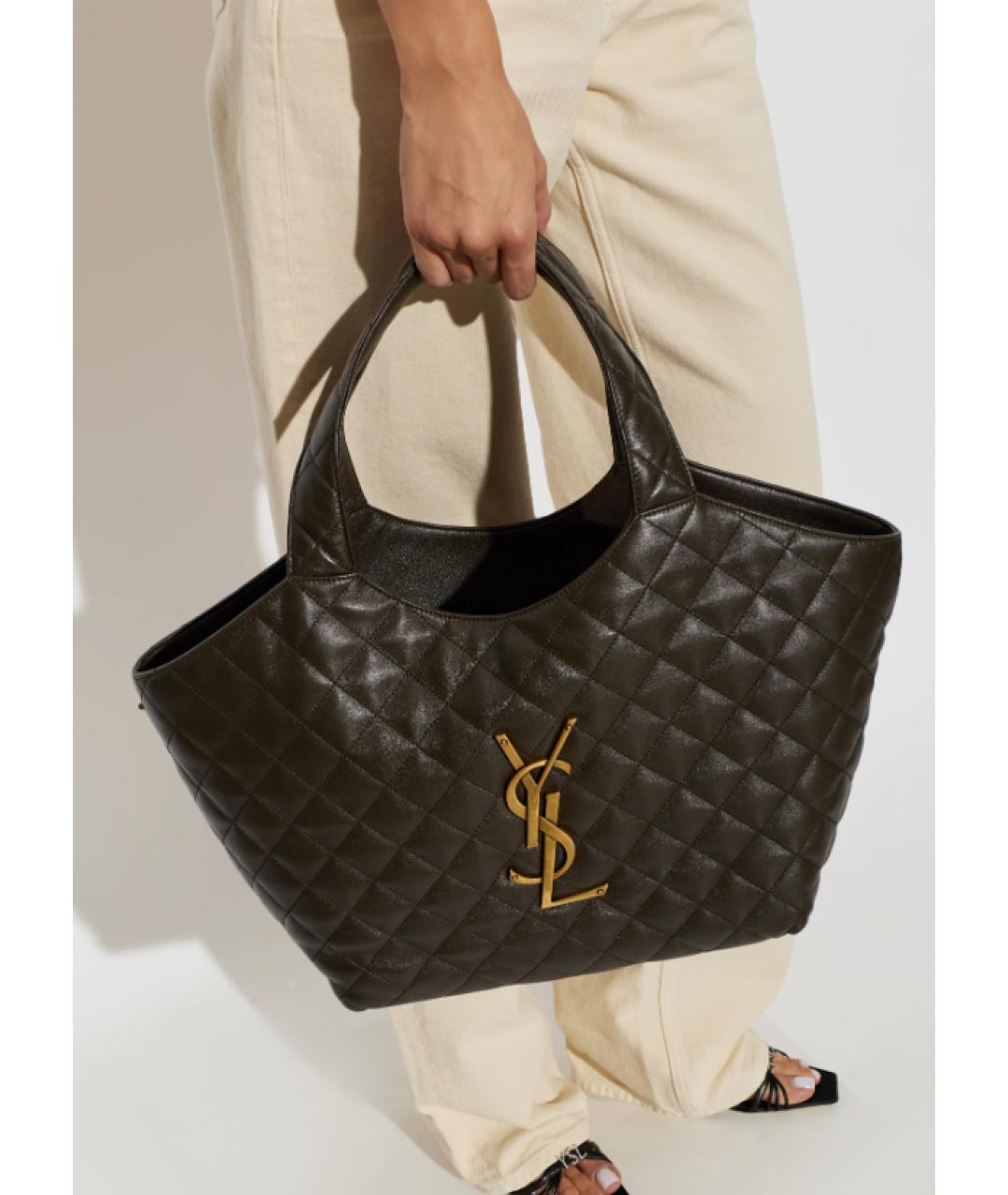 SAINT LAURENT Хаки кожаная сумка тоут, фото 3