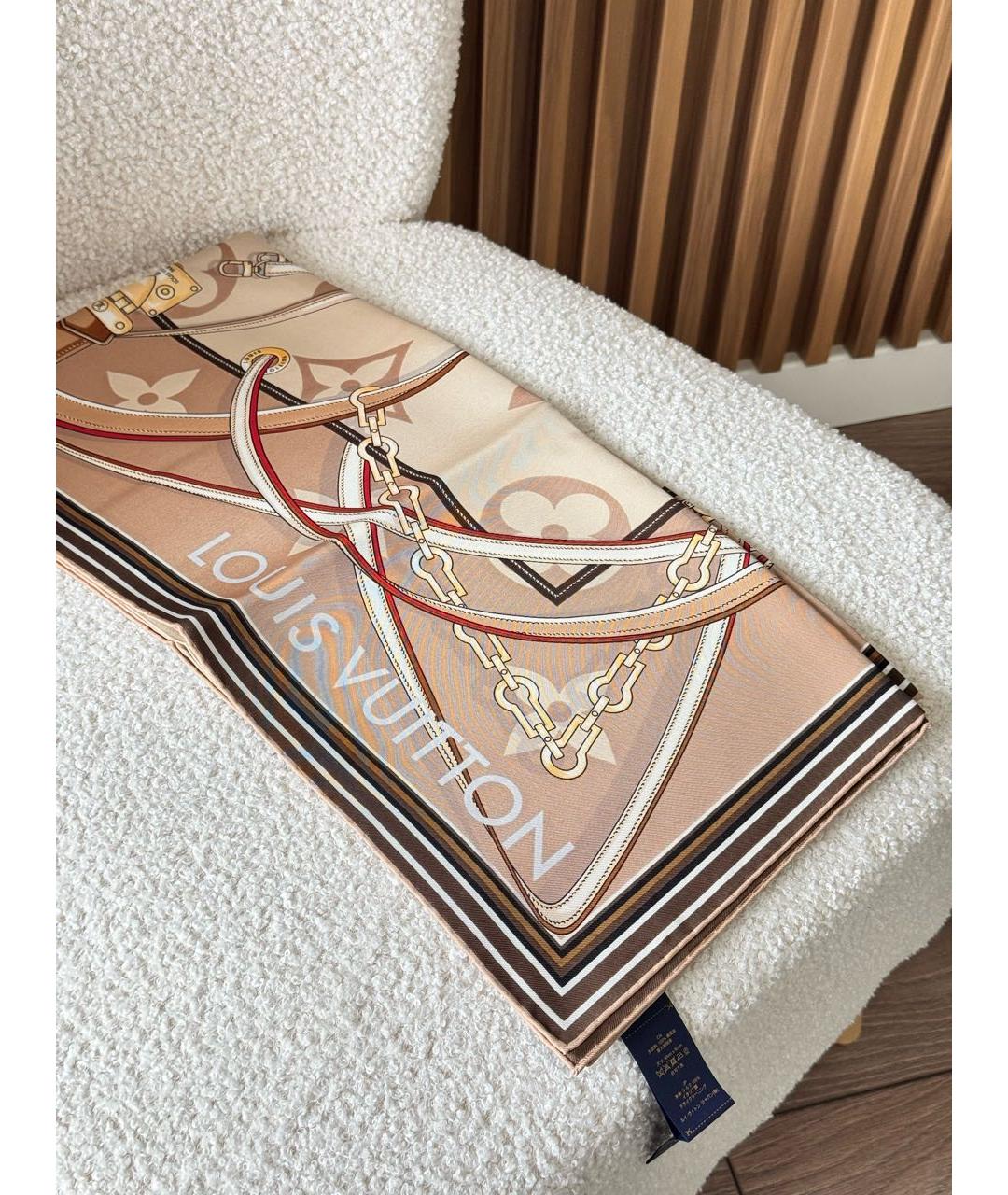 LOUIS VUITTON Бежевый шелковый платок, фото 4