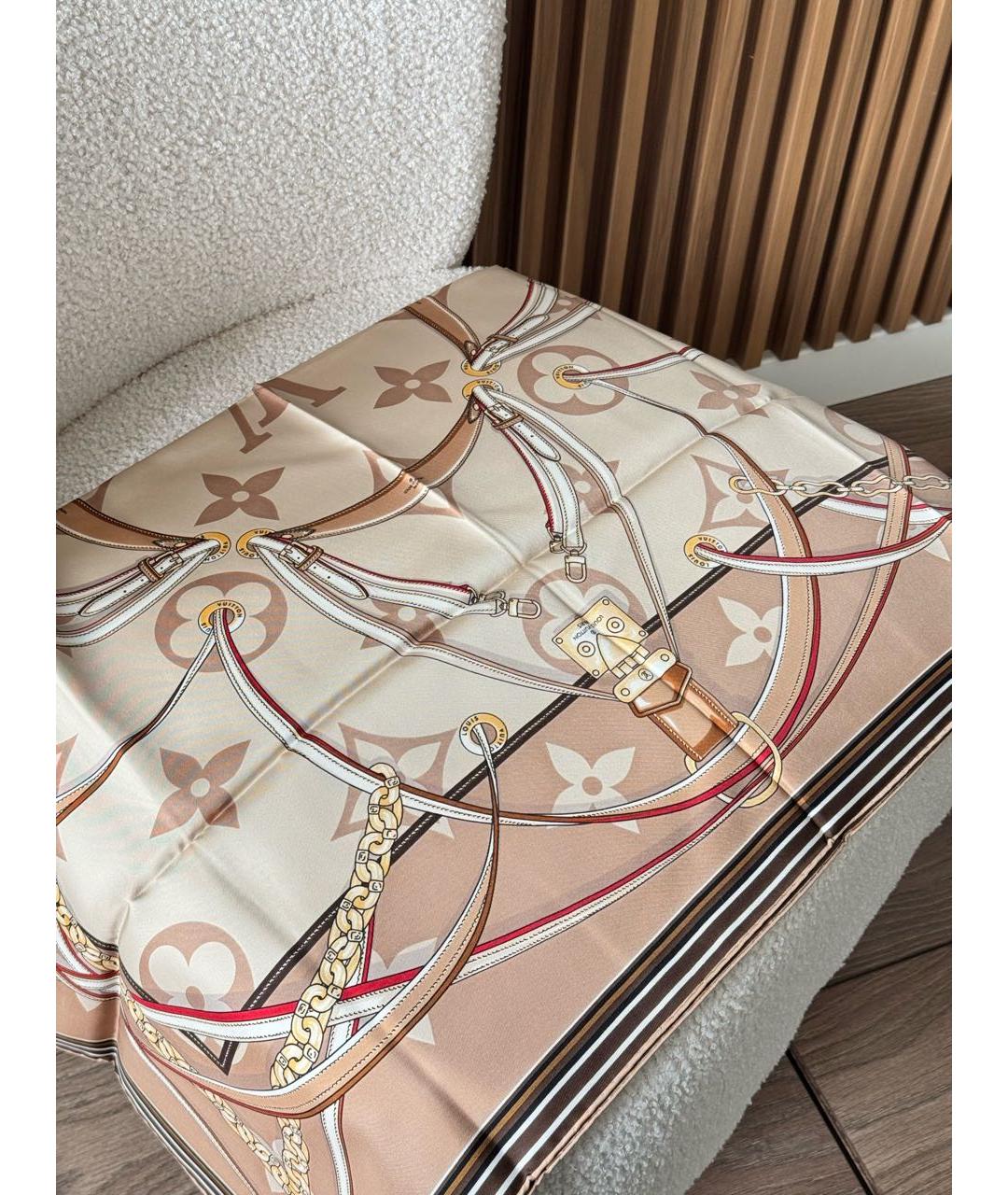 LOUIS VUITTON Бежевый шелковый платок, фото 3
