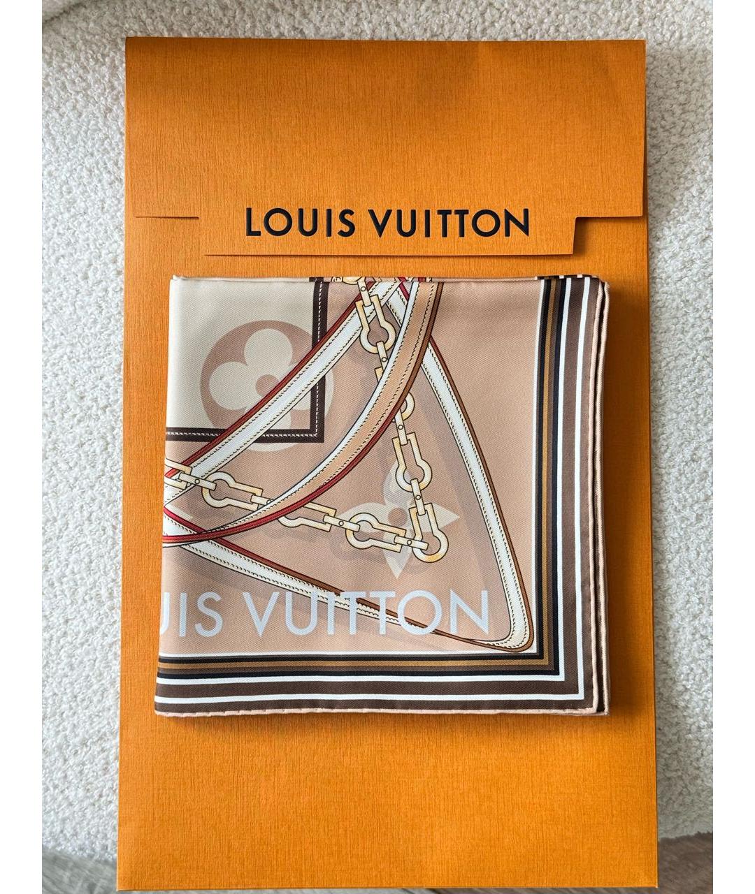 LOUIS VUITTON Бежевый шелковый платок, фото 2
