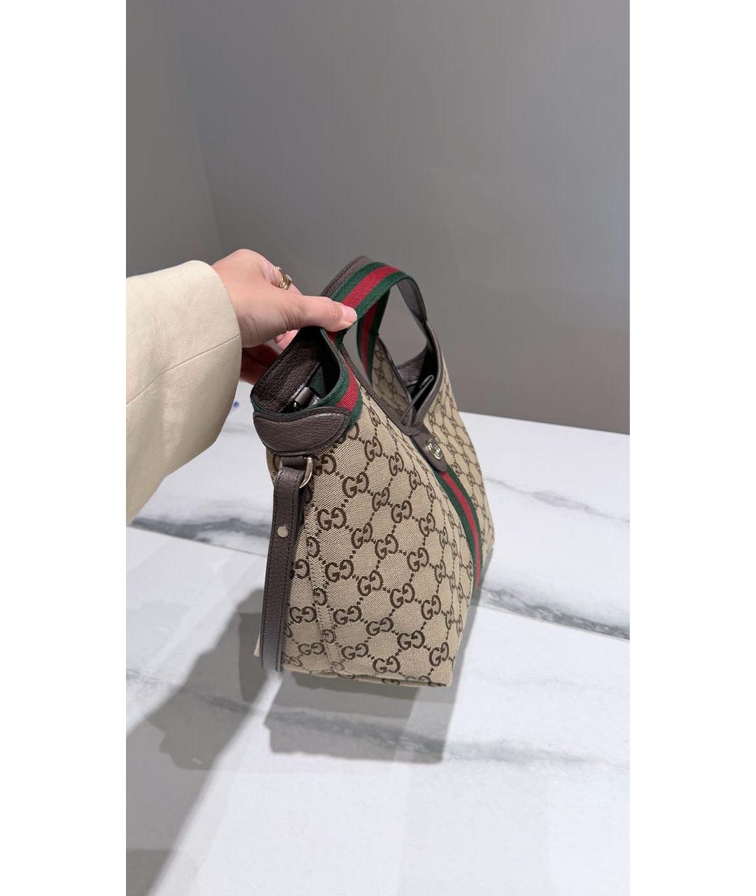 GUCCI Бежевая жаккардовая сумка с короткими ручками, фото 2