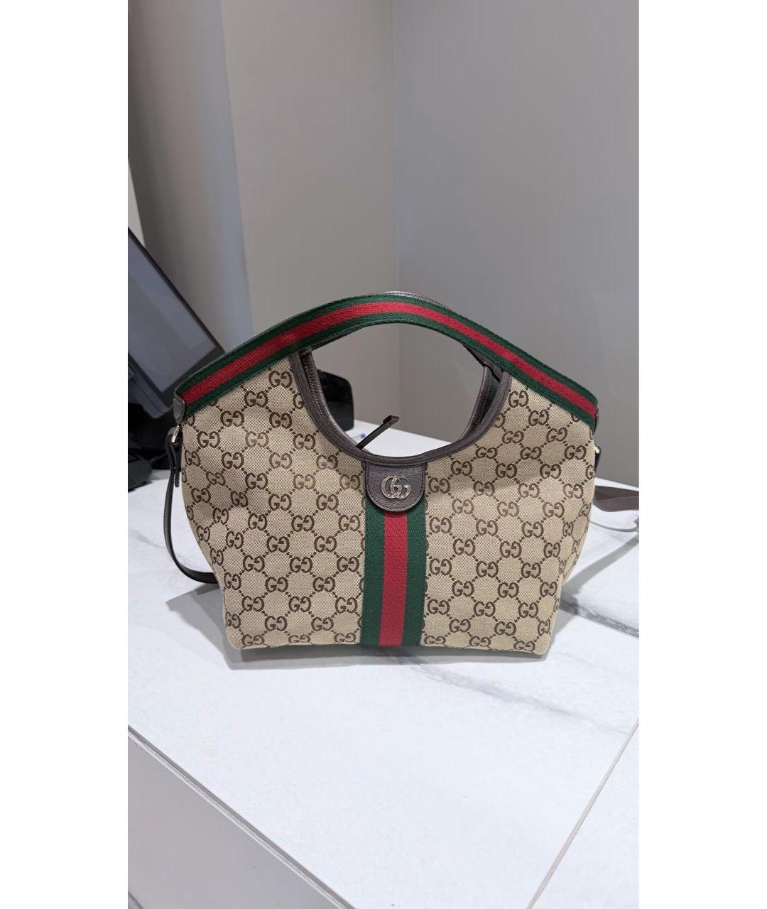 GUCCI Бежевая жаккардовая сумка с короткими ручками, фото 5