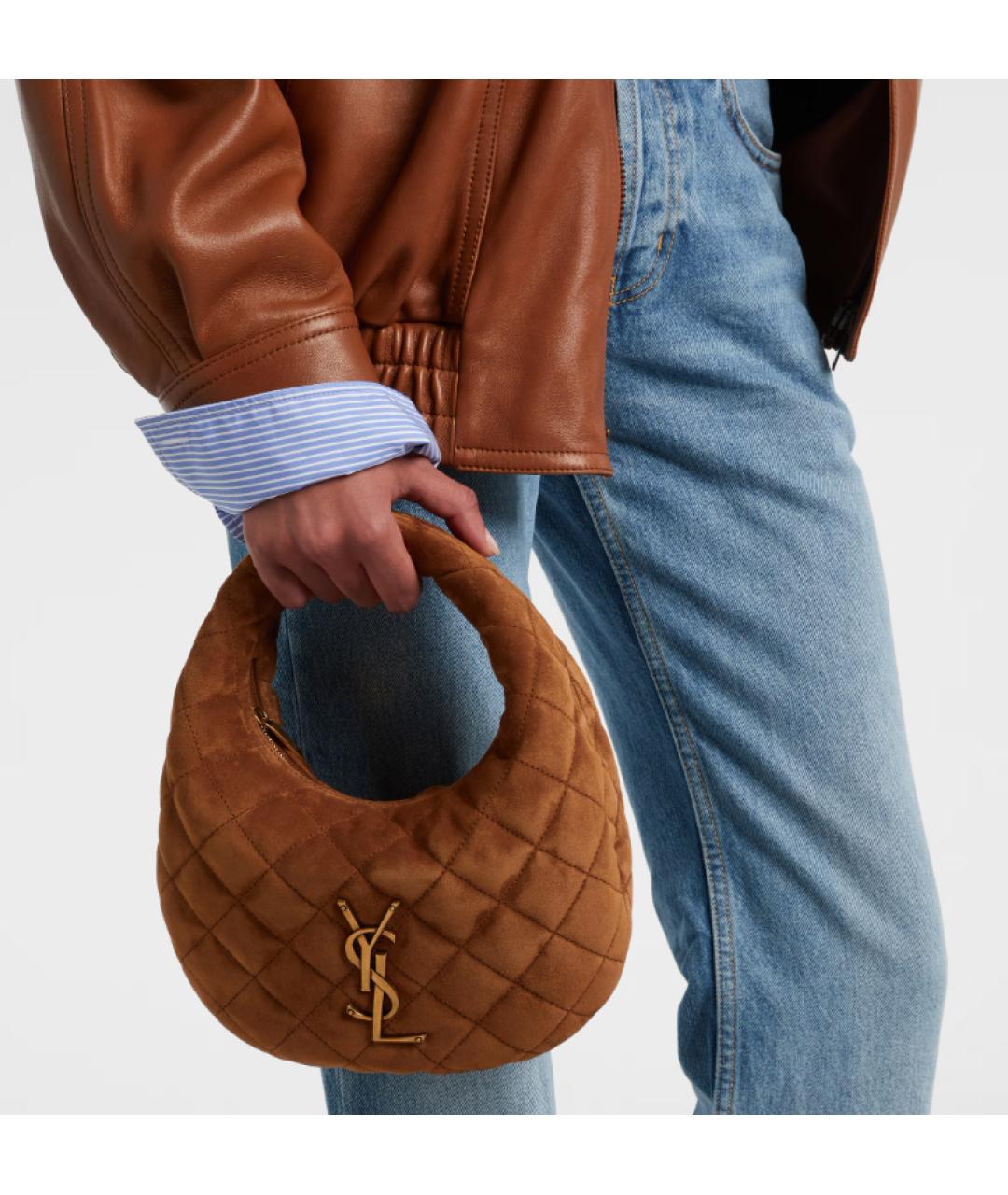 SAINT LAURENT Коричневая замшевая сумка с короткими ручками, фото 3