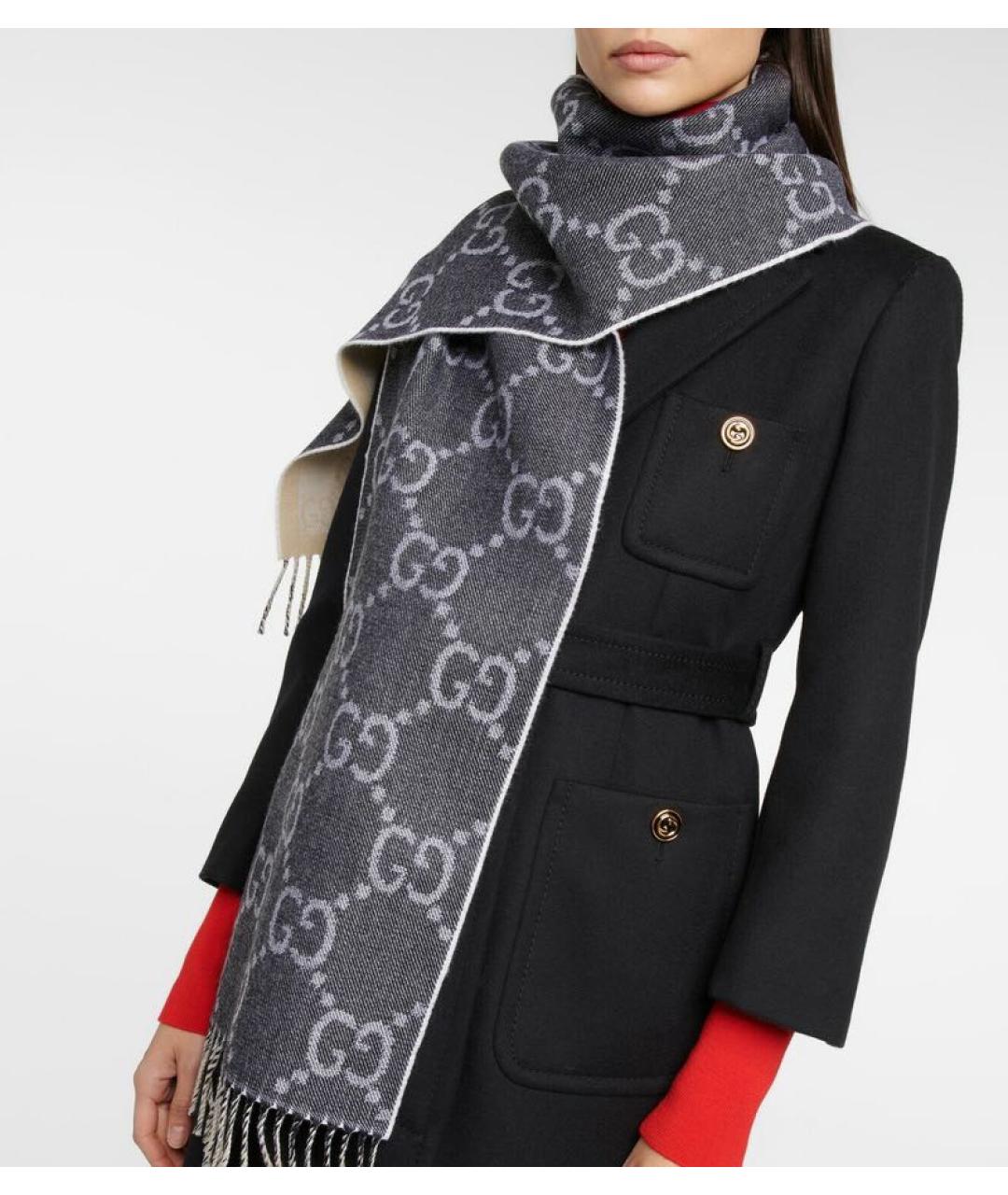 GUCCI Антрацитовый шерстяной шарф, фото 5