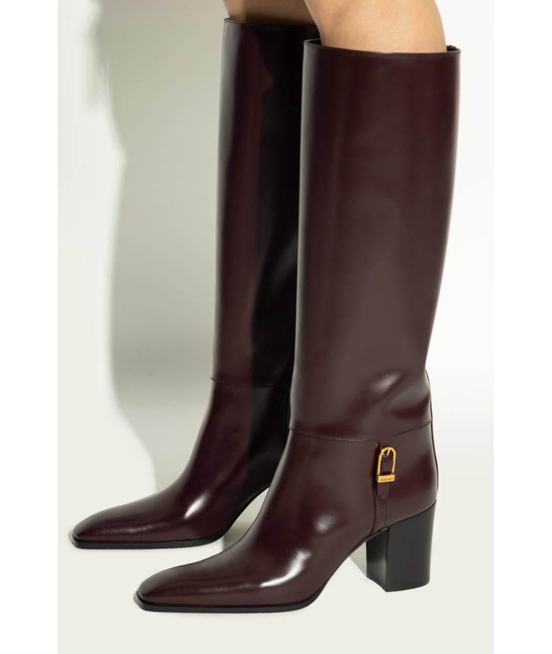 SAINT LAURENT Бордовые кожаные сапоги, фото 3