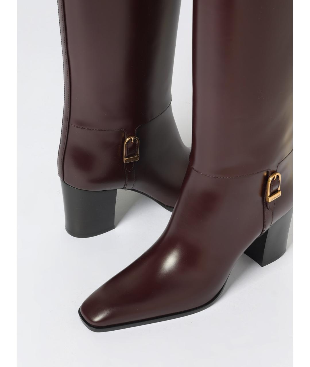 SAINT LAURENT Бордовые кожаные сапоги, фото 9