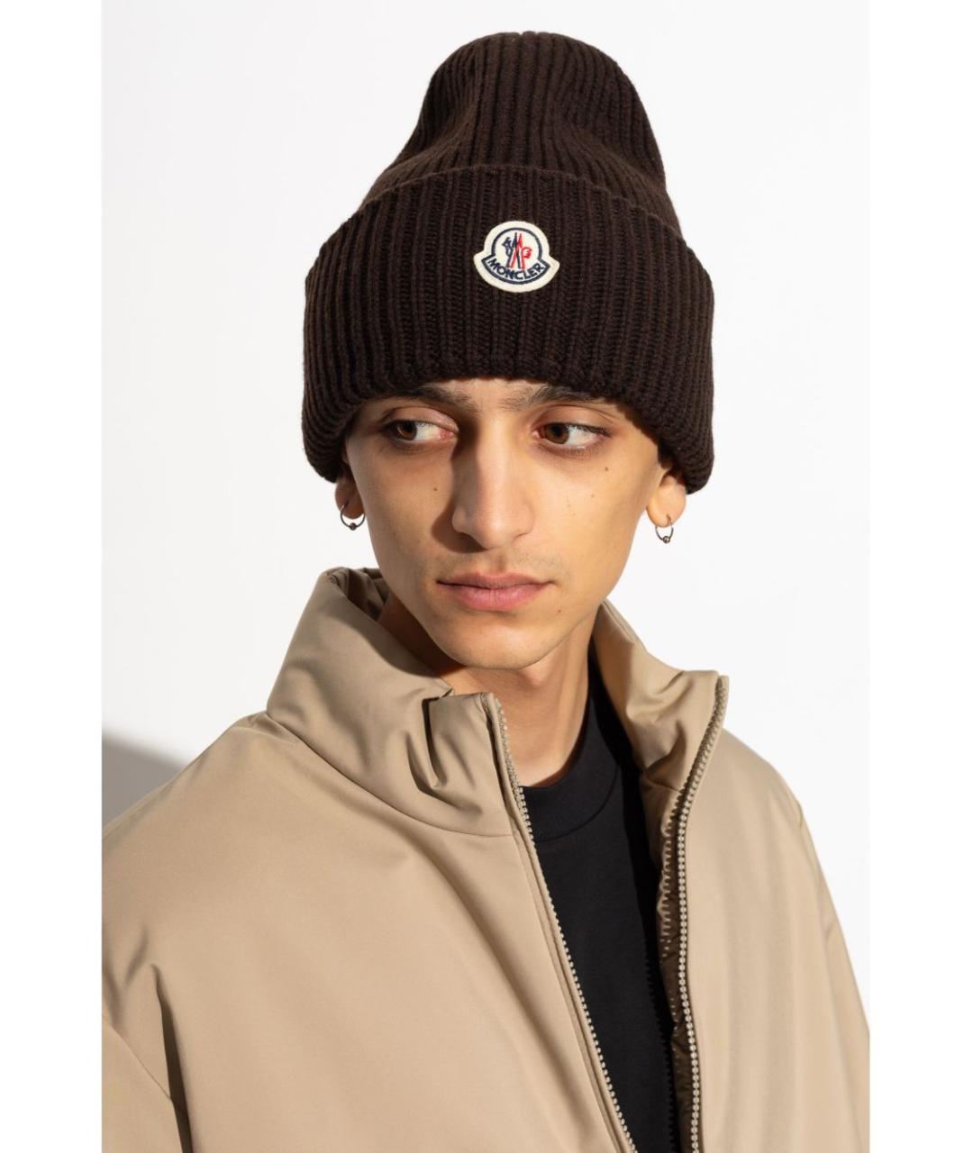 MONCLER Коричневая шерстяная шапка, фото 2