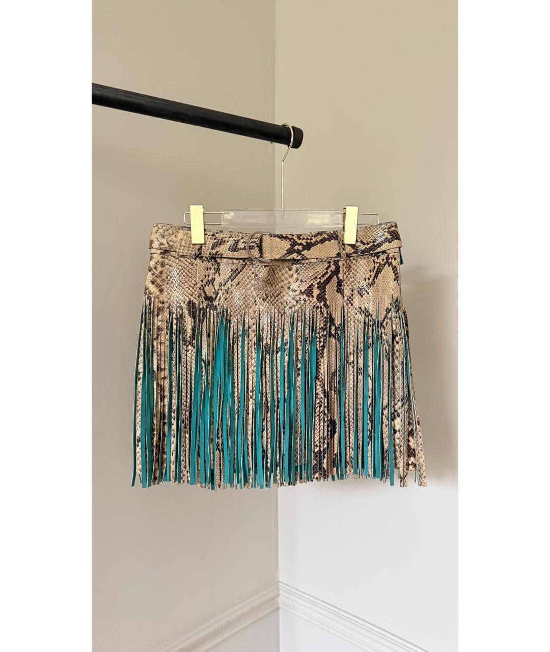 ROBERTO CAVALLI Бежевая кожаная юбка миди, фото 10
