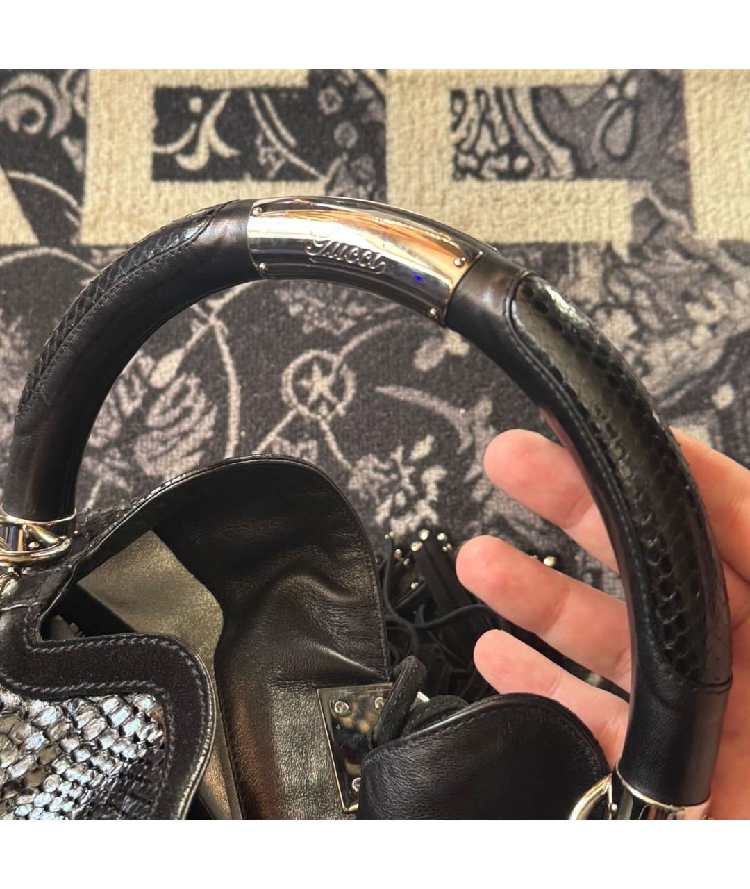 GUCCI Черная сумка с короткими ручками из кожи питона, фото 8