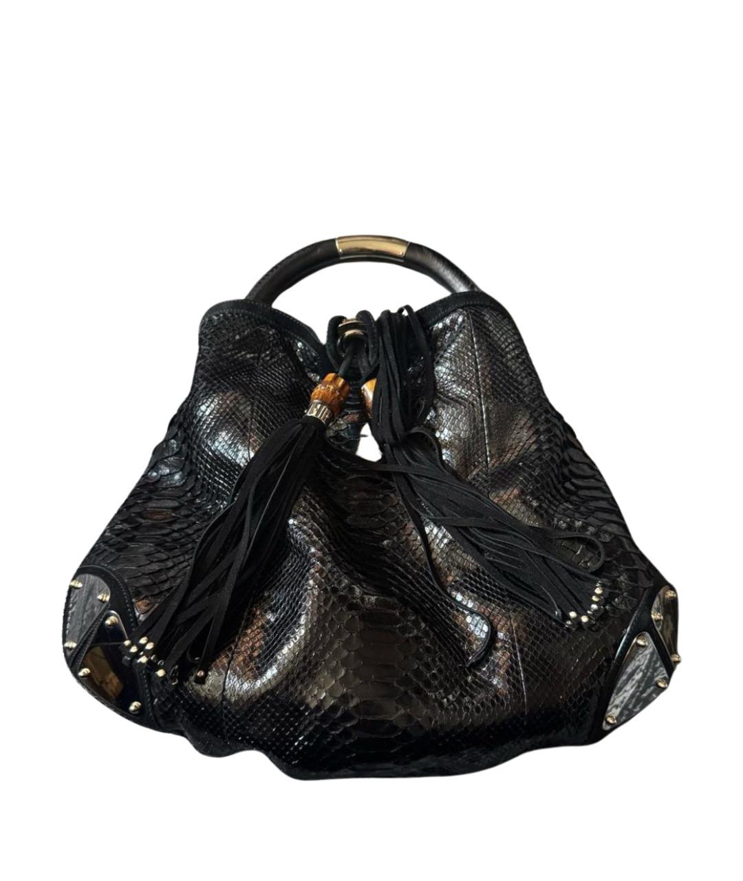 GUCCI Черная сумка с короткими ручками из кожи питона, фото 1