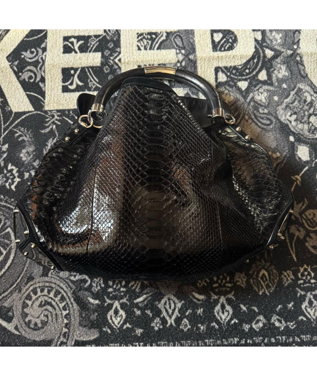 GUCCI Черная сумка с короткими ручками из кожи питона, фото 2