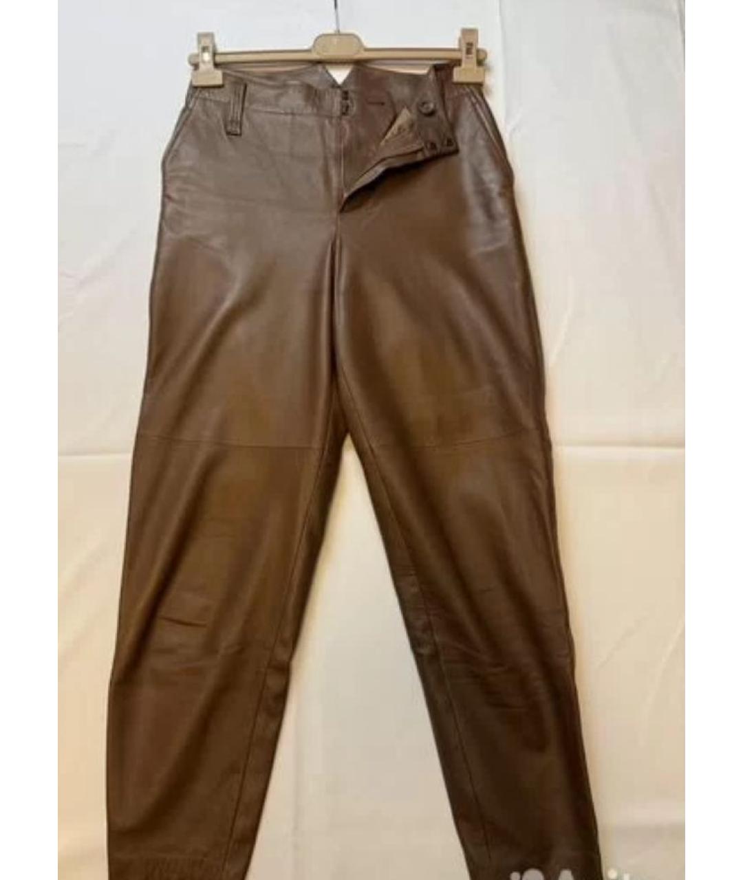 BRUNELLO CUCINELLI Коричневые кожаные прямые брюки, фото 4