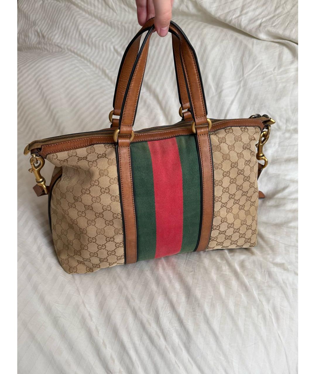 GUCCI Коричневая тканевая сумка с короткими ручками, фото 2
