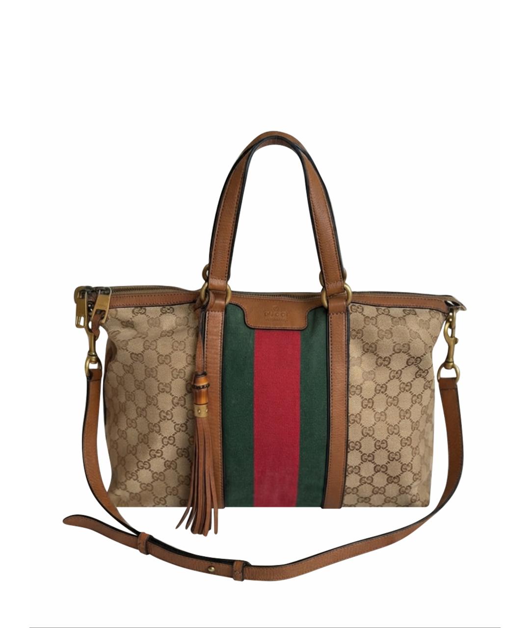 GUCCI Коричневая тканевая сумка с короткими ручками, фото 1