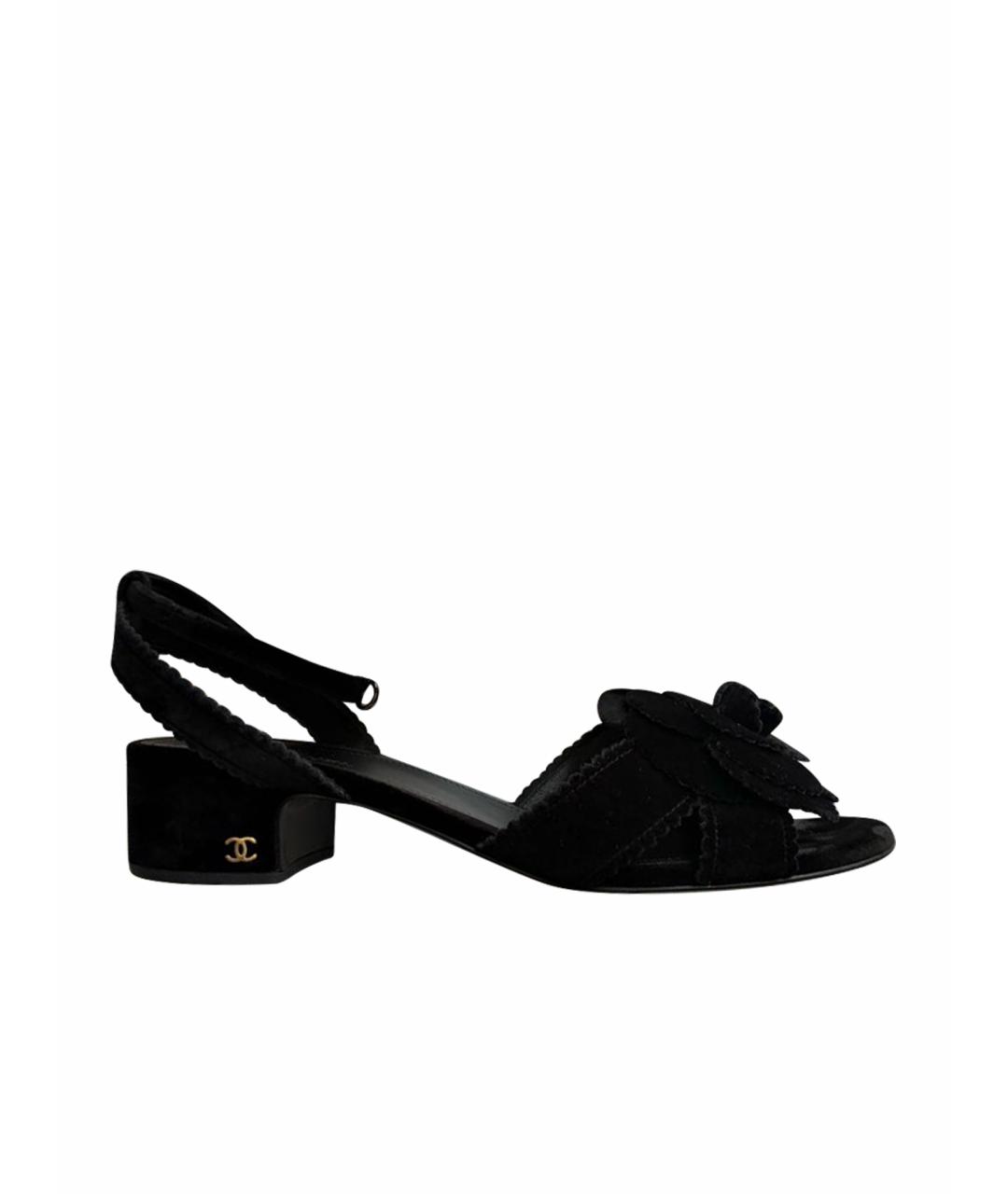 CHANEL Черные бархатные босоножки, фото 1