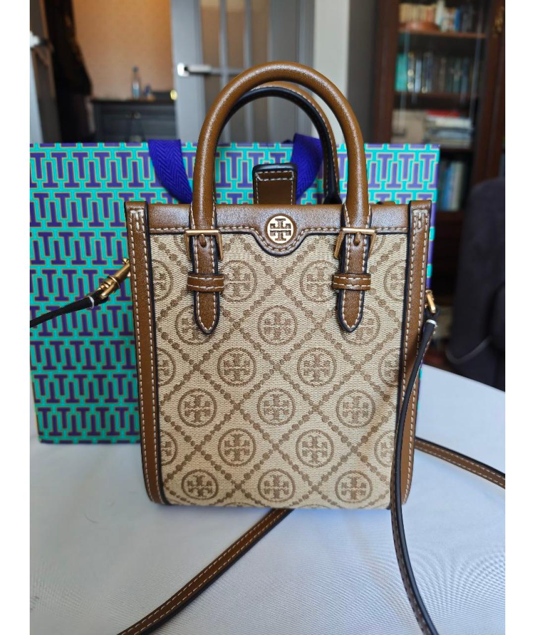 TORY BURCH Коричневая жаккардовая сумка с короткими ручками, фото 6