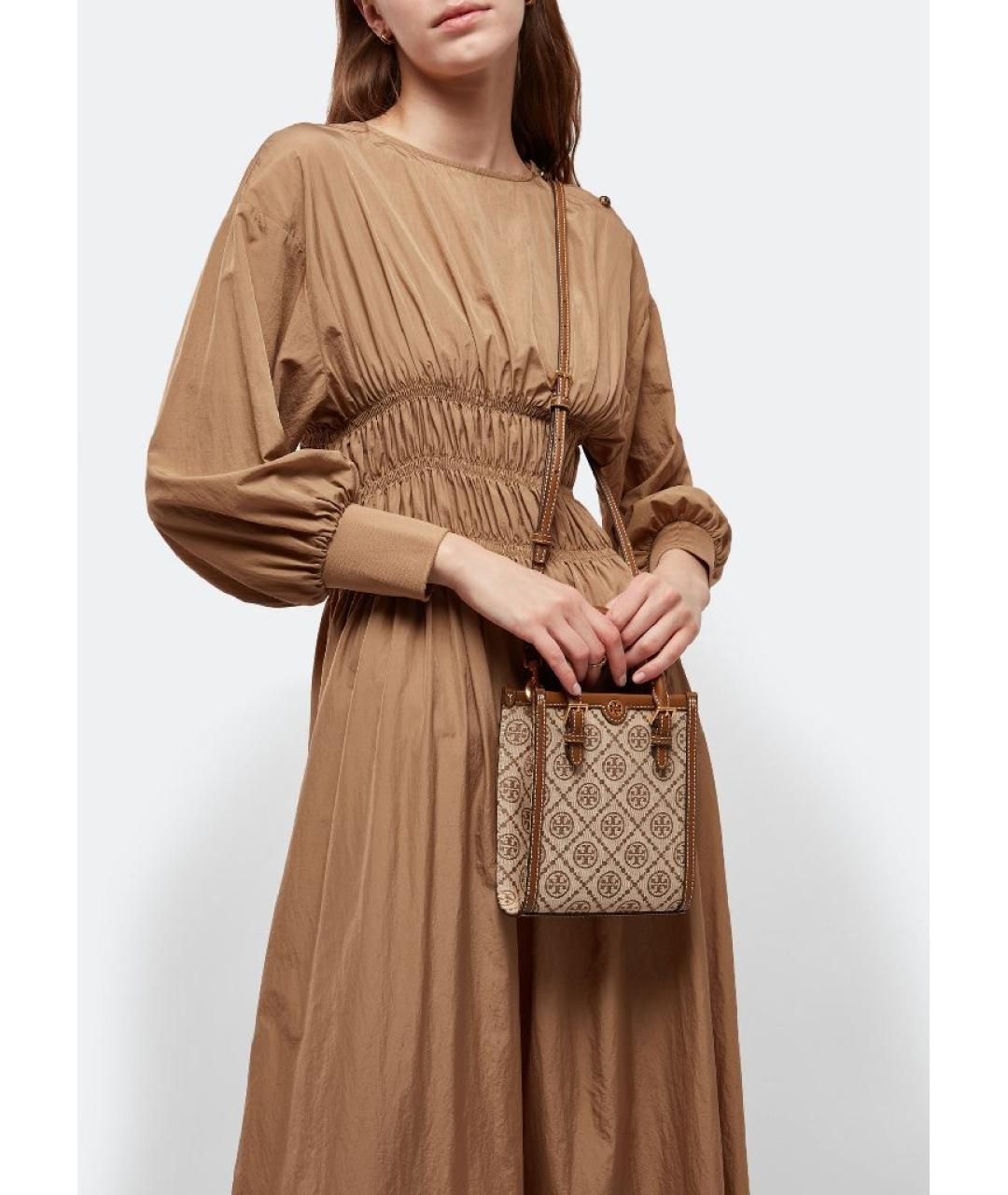 TORY BURCH Коричневая жаккардовая сумка с короткими ручками, фото 5