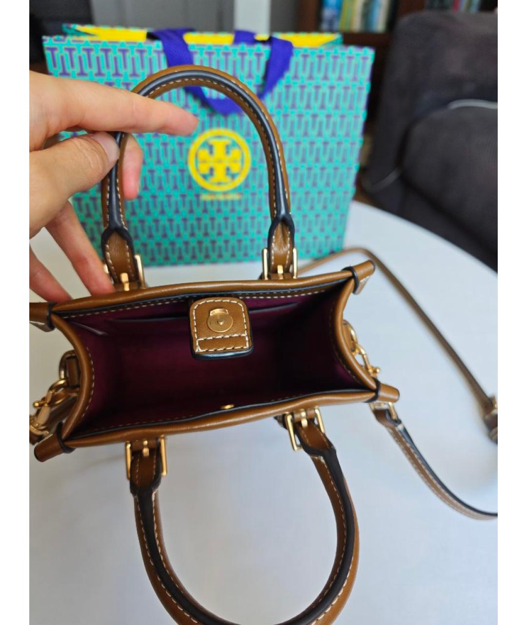 TORY BURCH Коричневая жаккардовая сумка с короткими ручками, фото 7