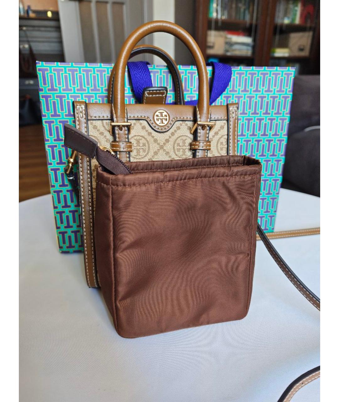 TORY BURCH Коричневая жаккардовая сумка с короткими ручками, фото 8