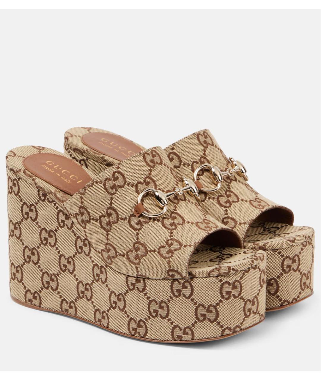 GUCCI Бежевые текстильные босоножки, фото 5