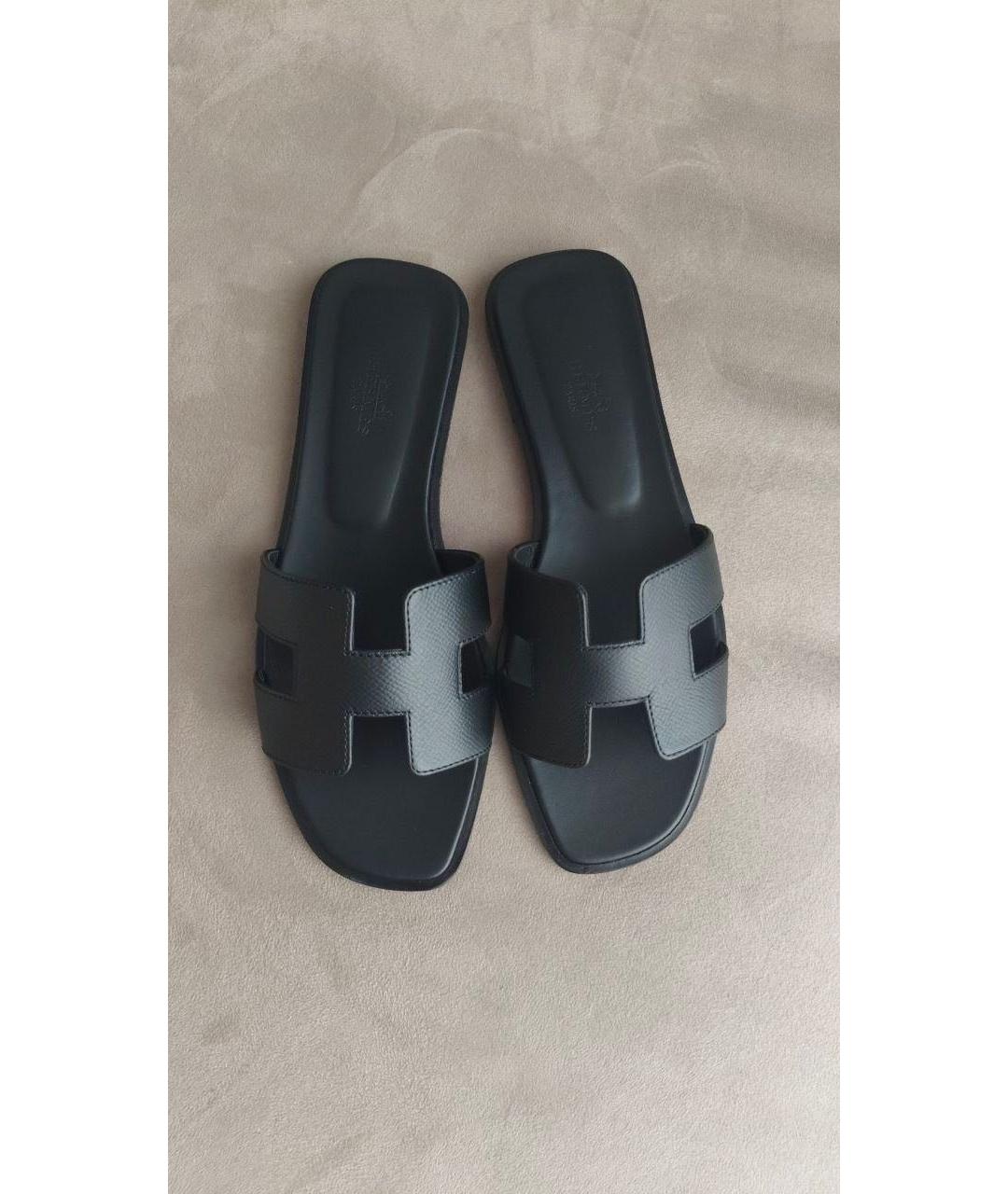 HERMES Черные кожаные шлепанцы, фото 5