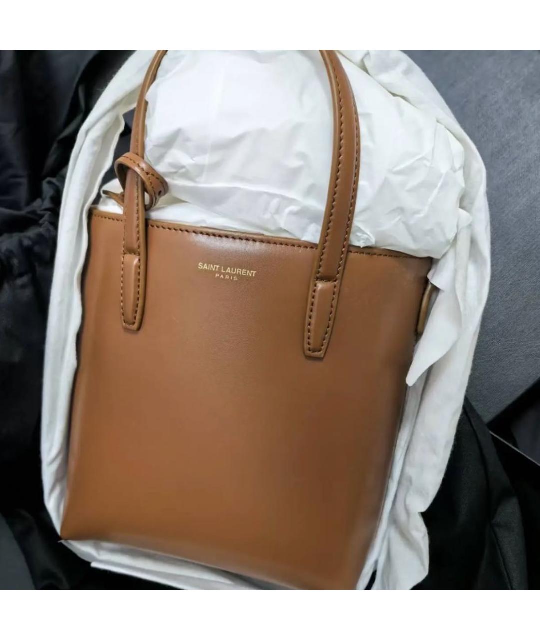 SAINT LAURENT Коричневая кожаная сумка с короткими ручками, фото 3