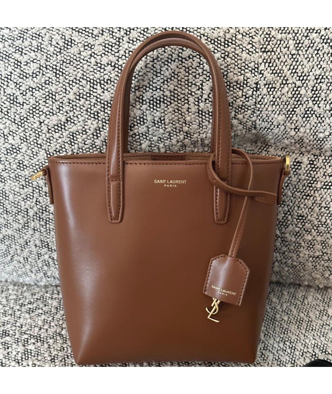 SAINT LAURENT Коричневая кожаная сумка с короткими ручками, фото 4