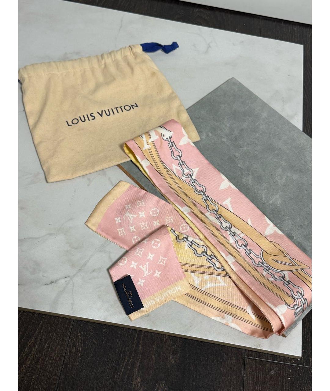 LOUIS VUITTON Розовый шелковый шарф, фото 4