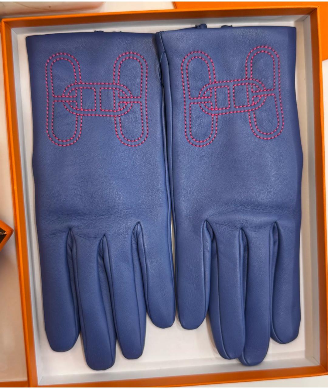 HERMES Синие кожаные перчатки, фото 6