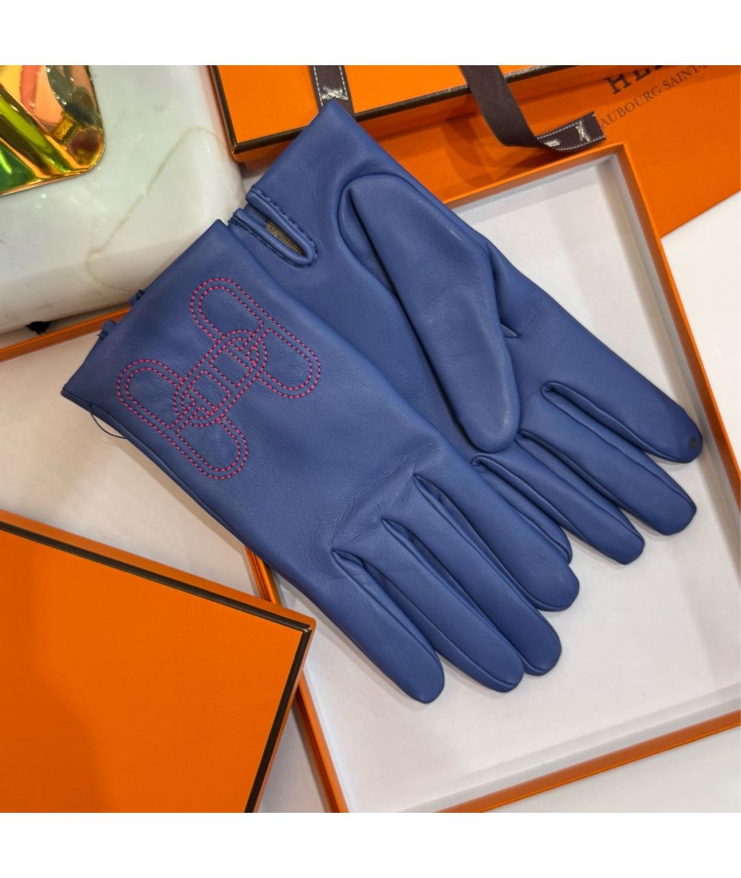HERMES Синие кожаные перчатки, фото 4
