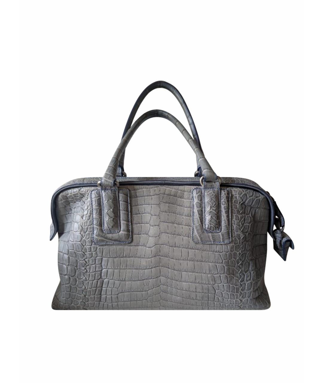 BOTTEGA VENETA Серая сумка с короткими ручками из кожи крокодила, фото 1