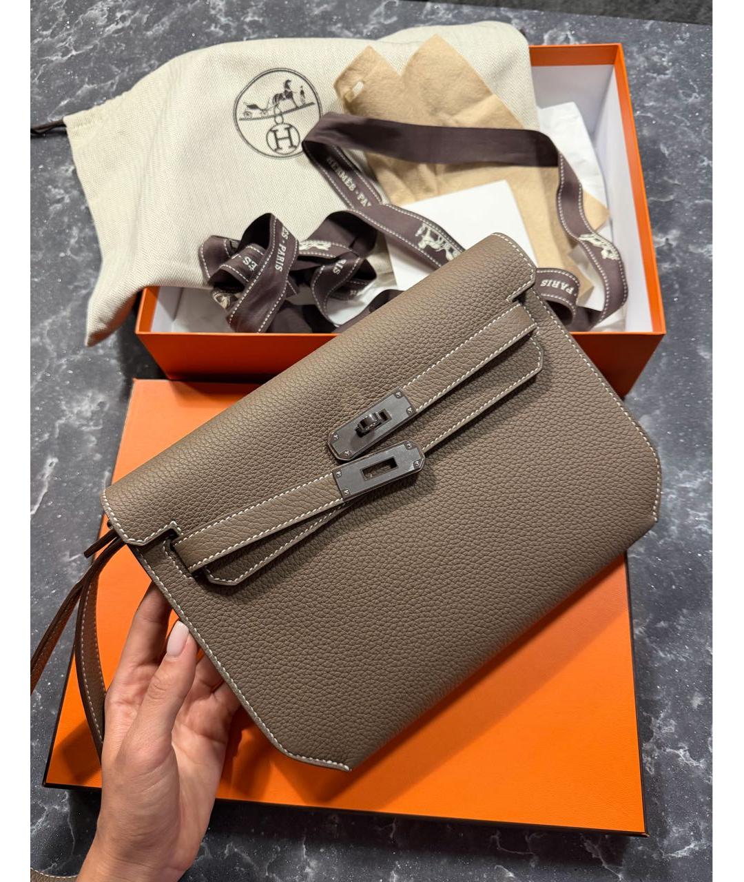 HERMES Бежевая кожаная барсетка, фото 8
