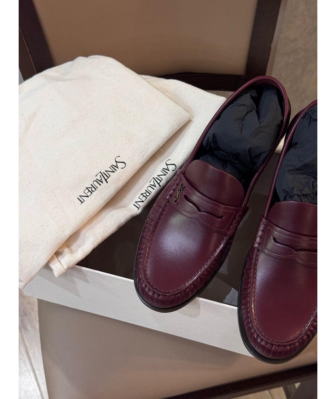 SAINT LAURENT Бордовые кожаные лоферы, фото 5