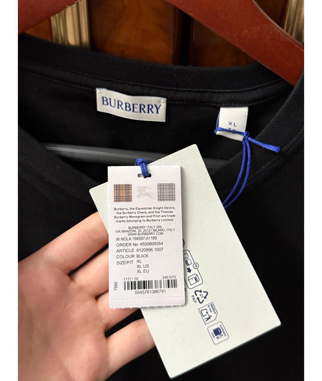 BURBERRY Черная хлопковая футболка, фото 3