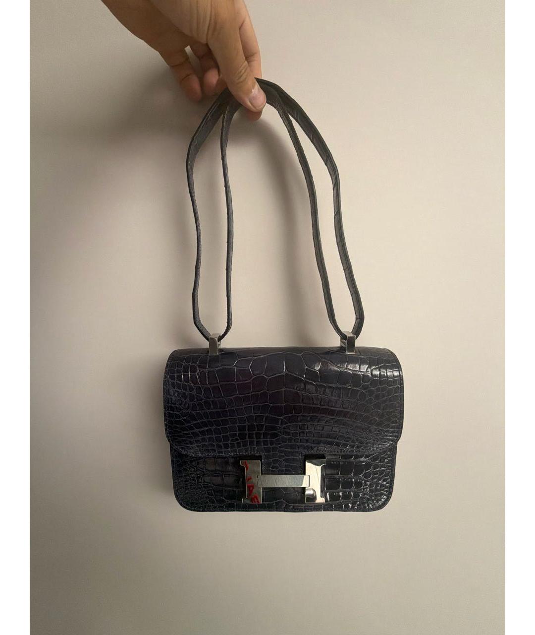 HERMES Темно-синяя сумка через плечо из кожи крокодила, фото 6