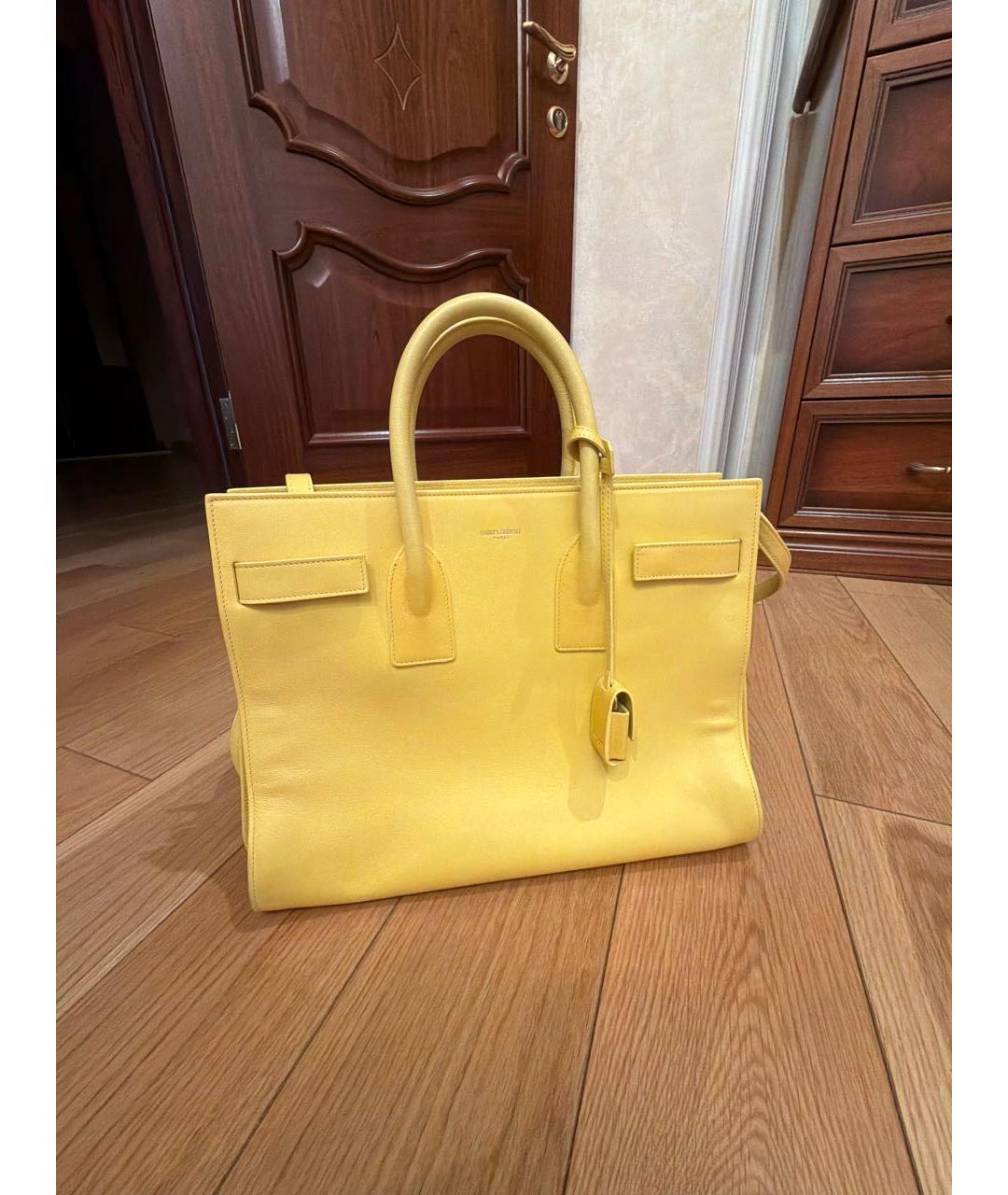 SAINT LAURENT Желтая кожаная сумка с короткими ручками, фото 5
