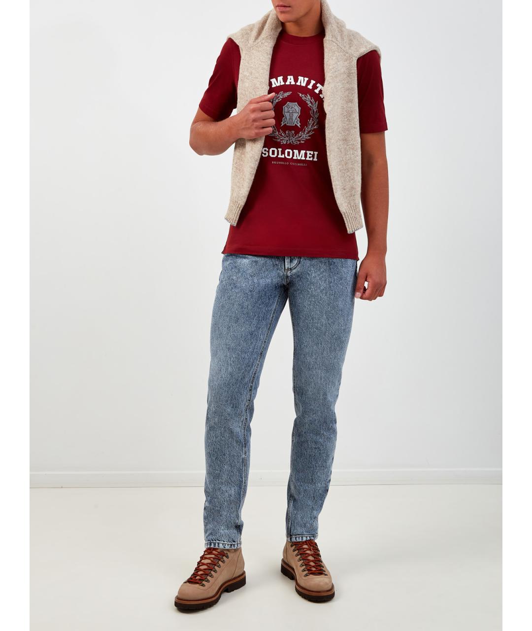 BRUNELLO CUCINELLI Бордовая хлопковая футболка, фото 2