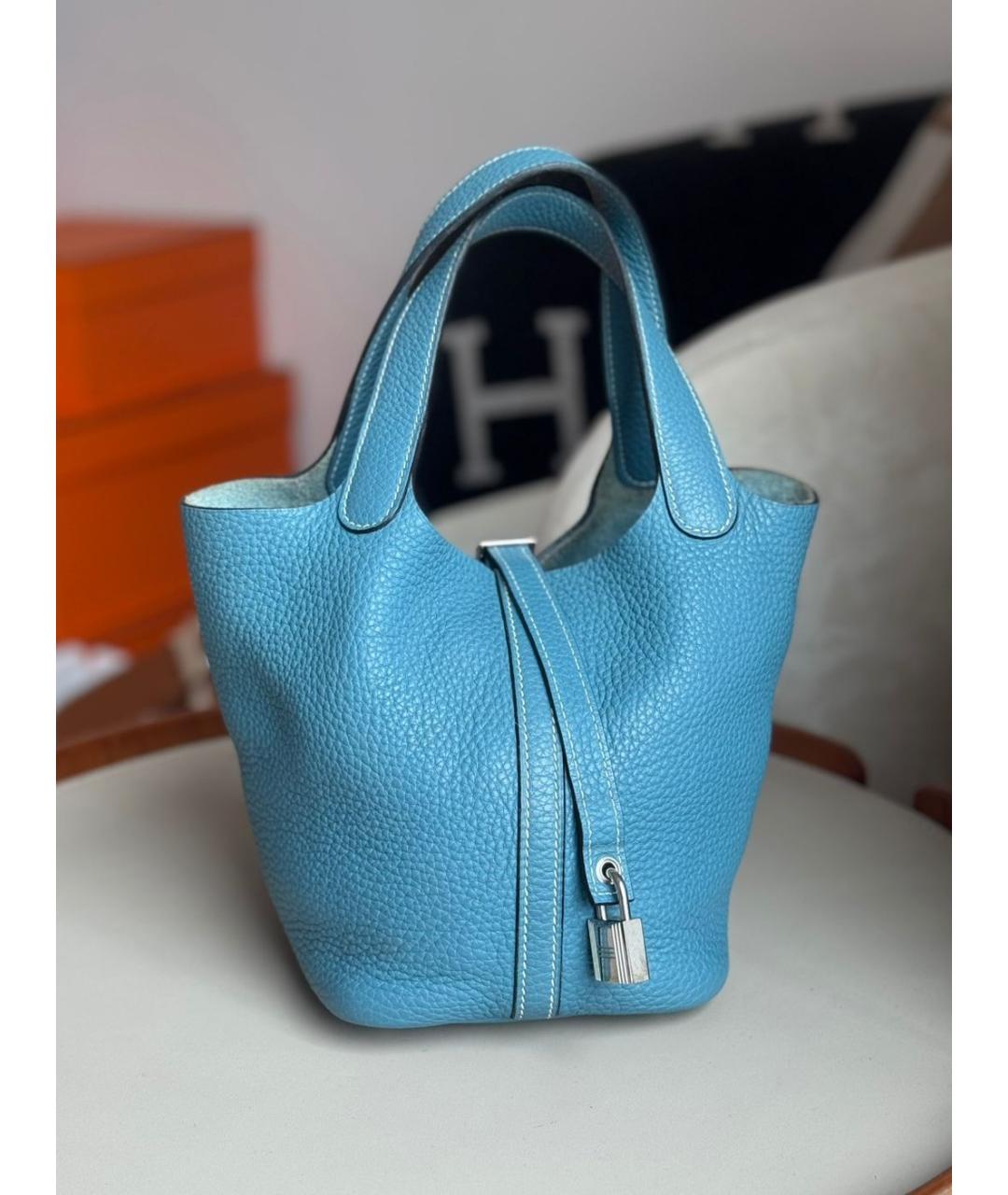 HERMES Голубая кожаная сумка с короткими ручками, фото 3