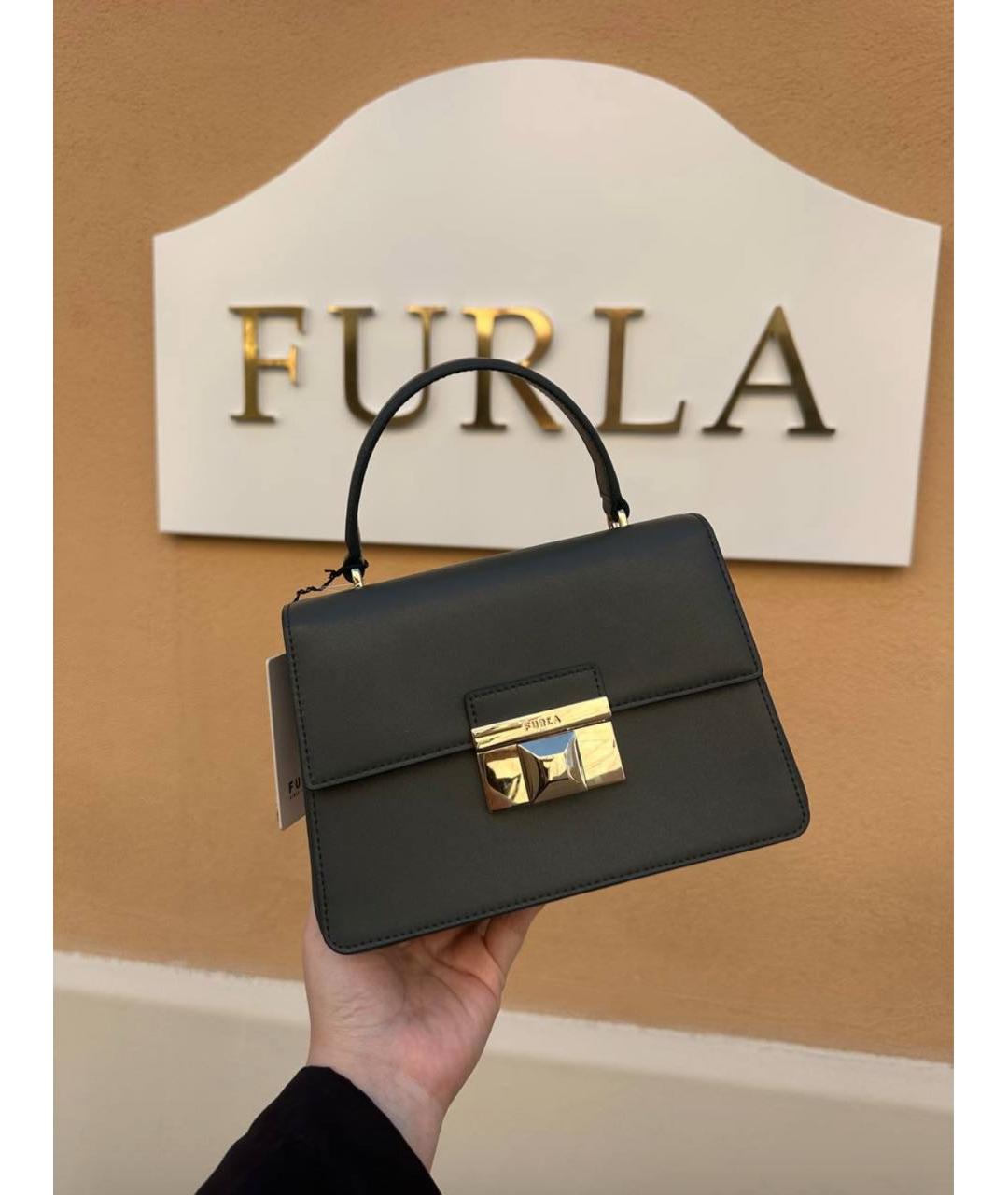 FURLA Антрацитовая кожаная сумка с короткими ручками, фото 7